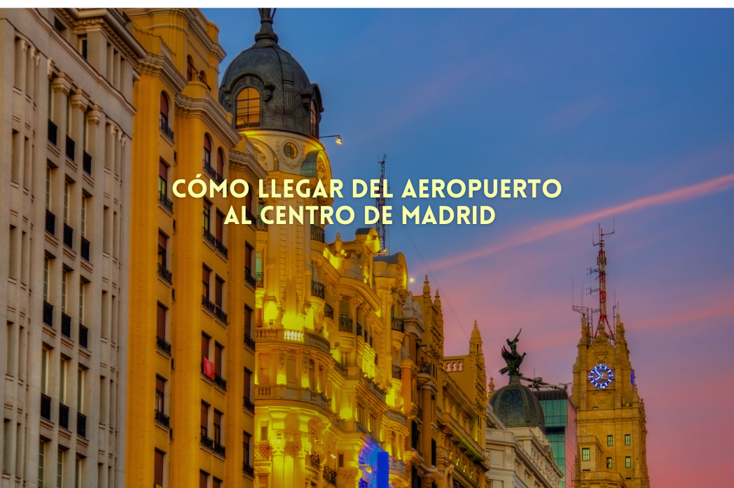Cityscape with illuminated buildings and text about airport to city center transportation in Madrid.